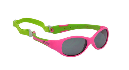 Colorful children's sunglasses with geometric shape and durable plastic frame.