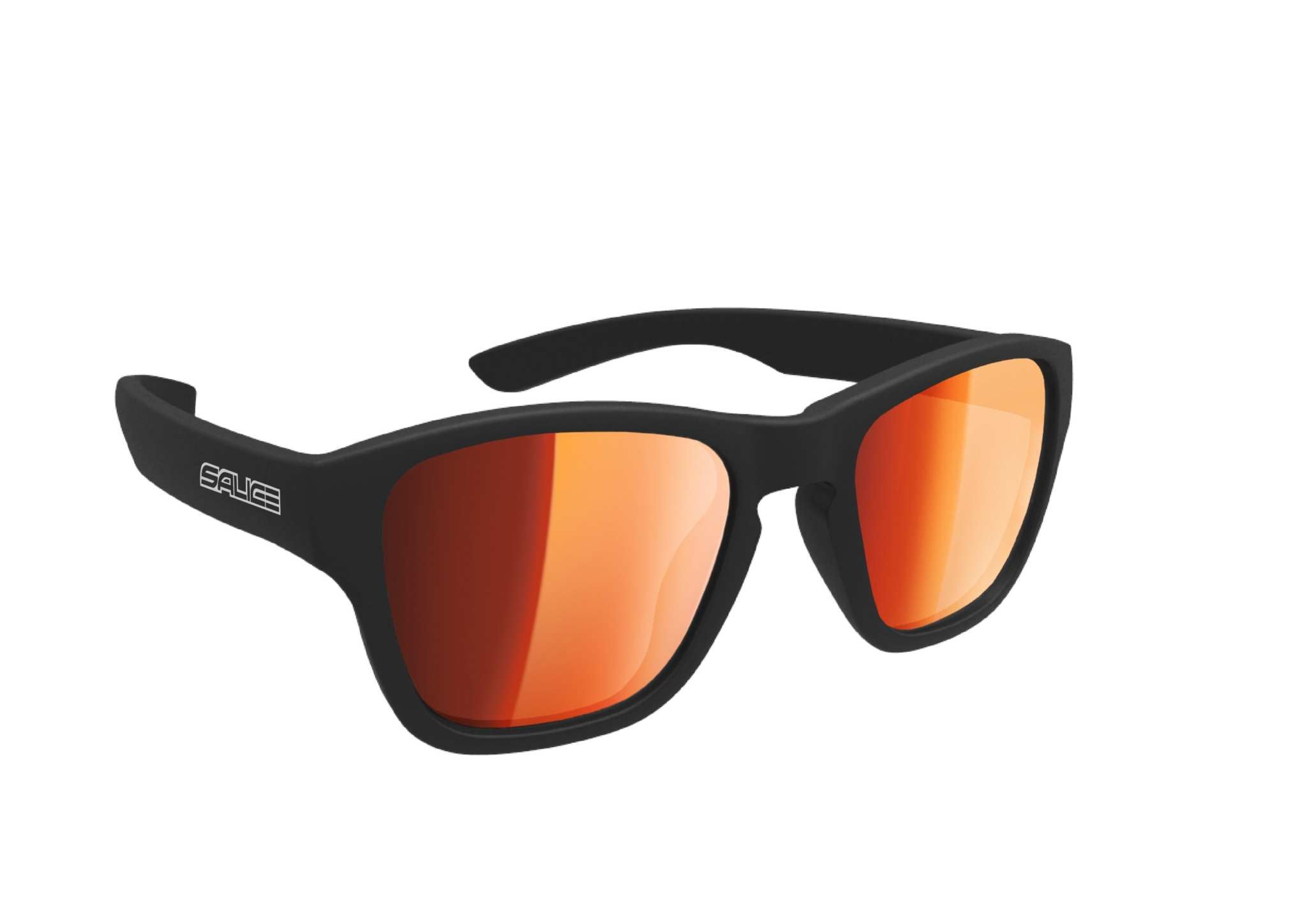 Black frame sunglasses with red mirrored lenses, Salice 164RW junior model.