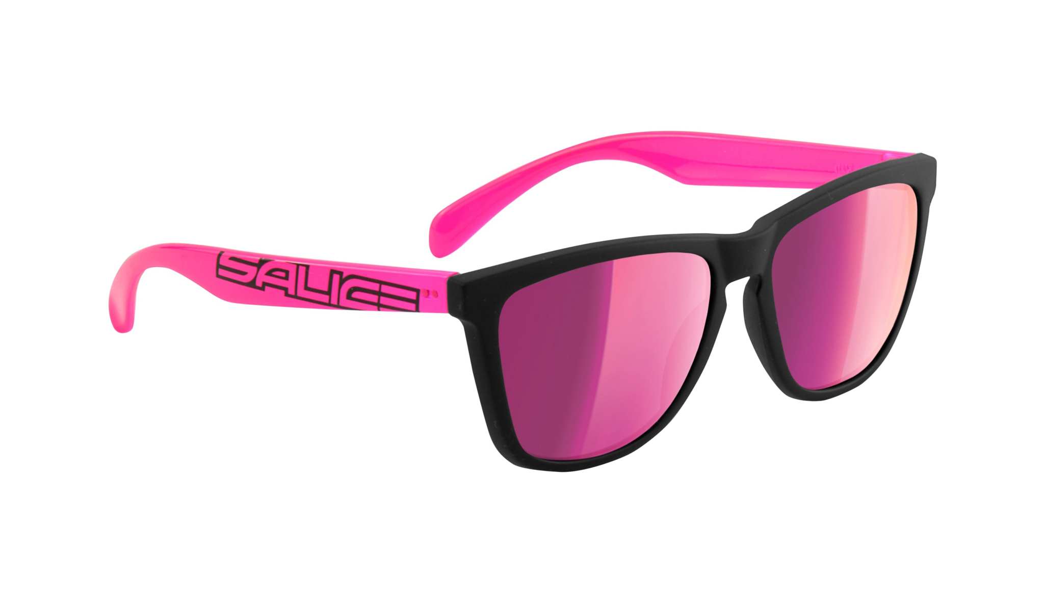 Salice Occhiali 3047RW sunglasses with black frame, pink mirrored lenses, and pink arms, featuring UV protection and classic design.