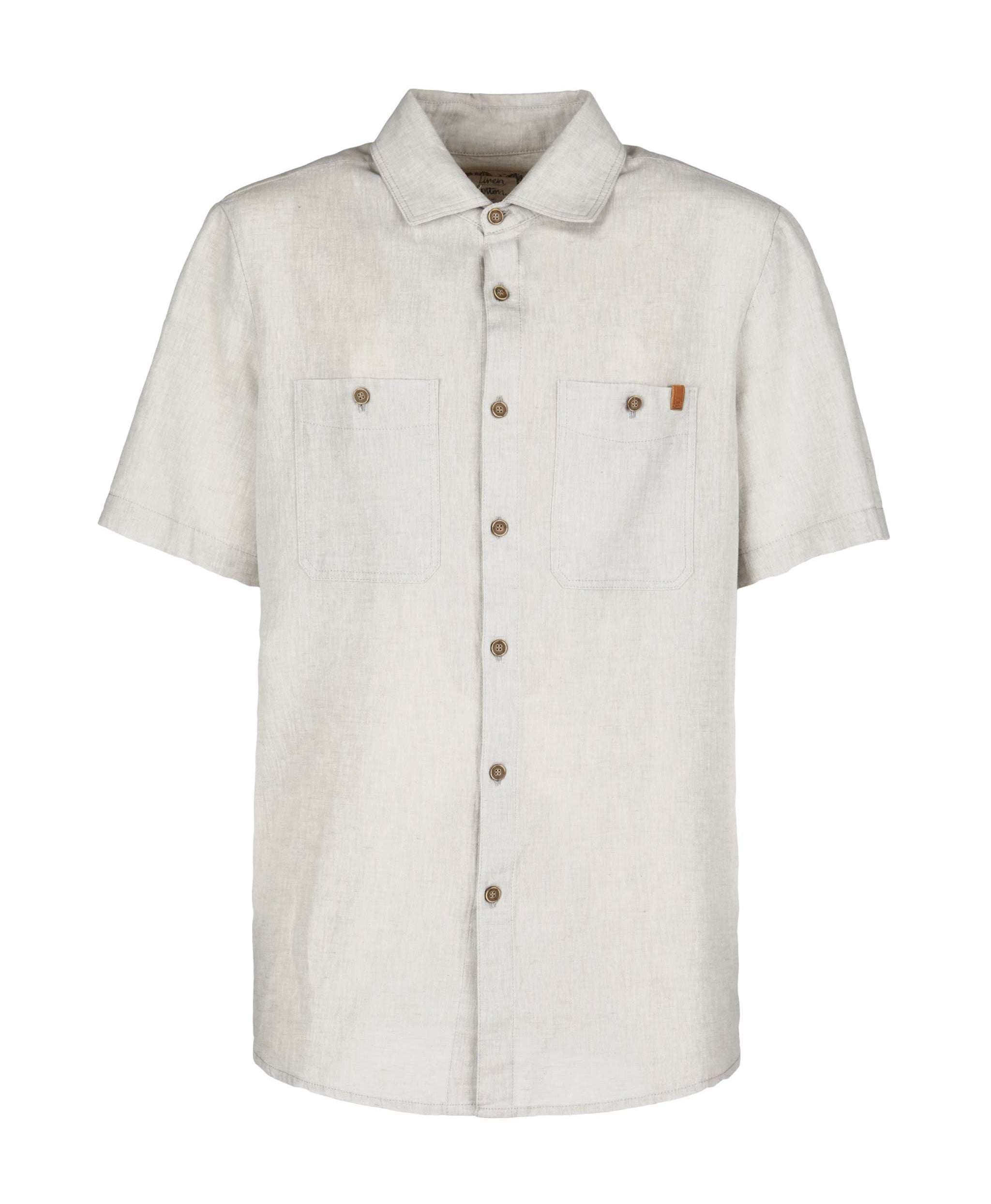 Camicia a manica corta in lino e cotone con due tasche e dettagli in eco-pelle, ideale per l'estate, made in Italy
