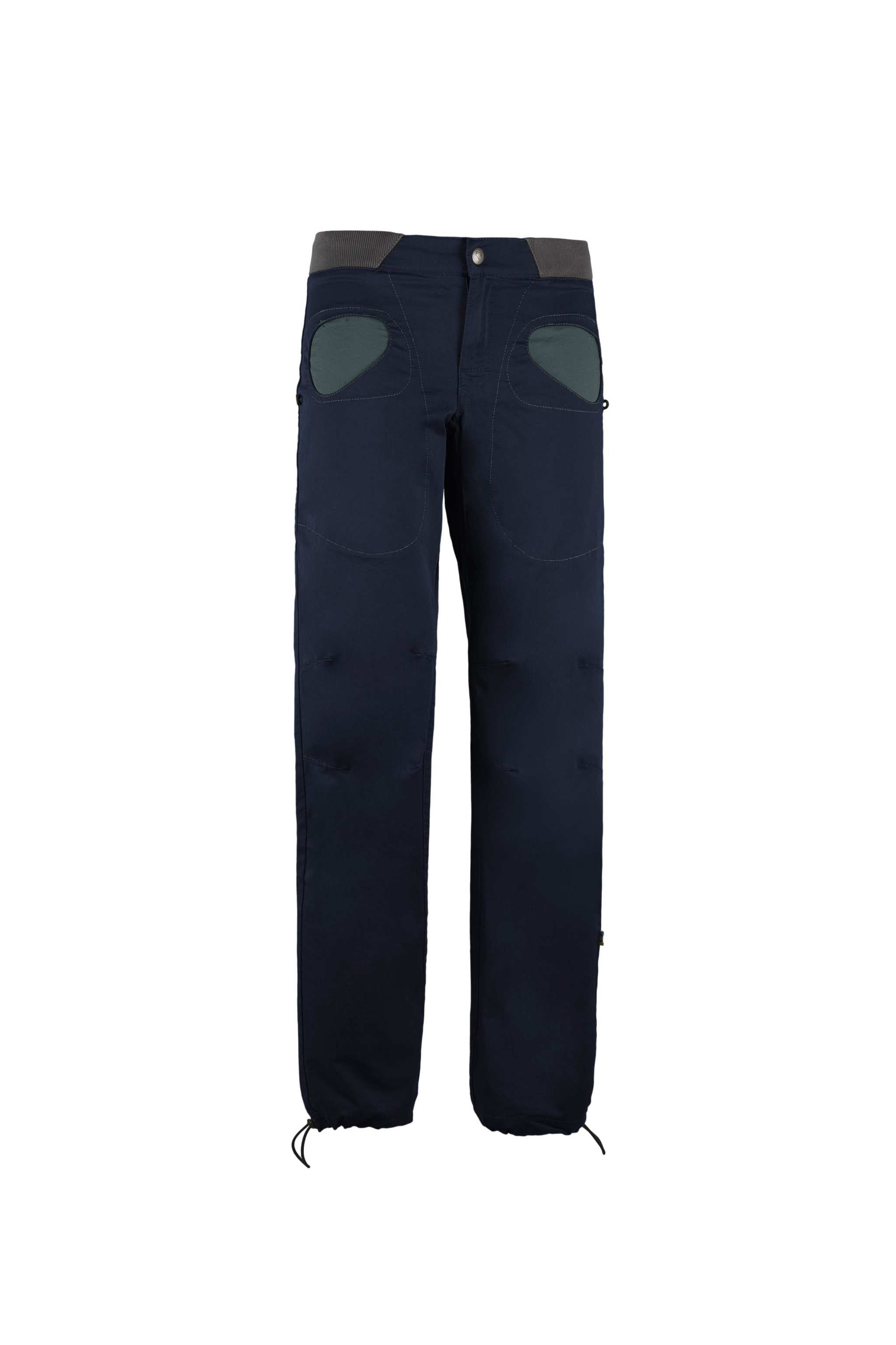 Pantaloni outdoor in cotone biologico elasticizzato con tasche a contrasto e vita regolabile per arrampicata e attività outdoor.