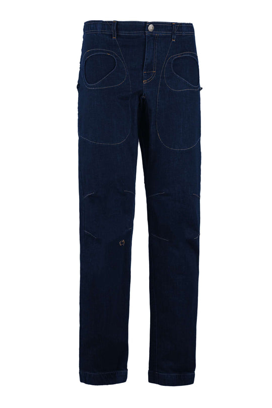 Pantaloni outdoor e climbing in denim resistenti e slim fit con elastico interno e dettaglio logo eco-pelle, made in Italy