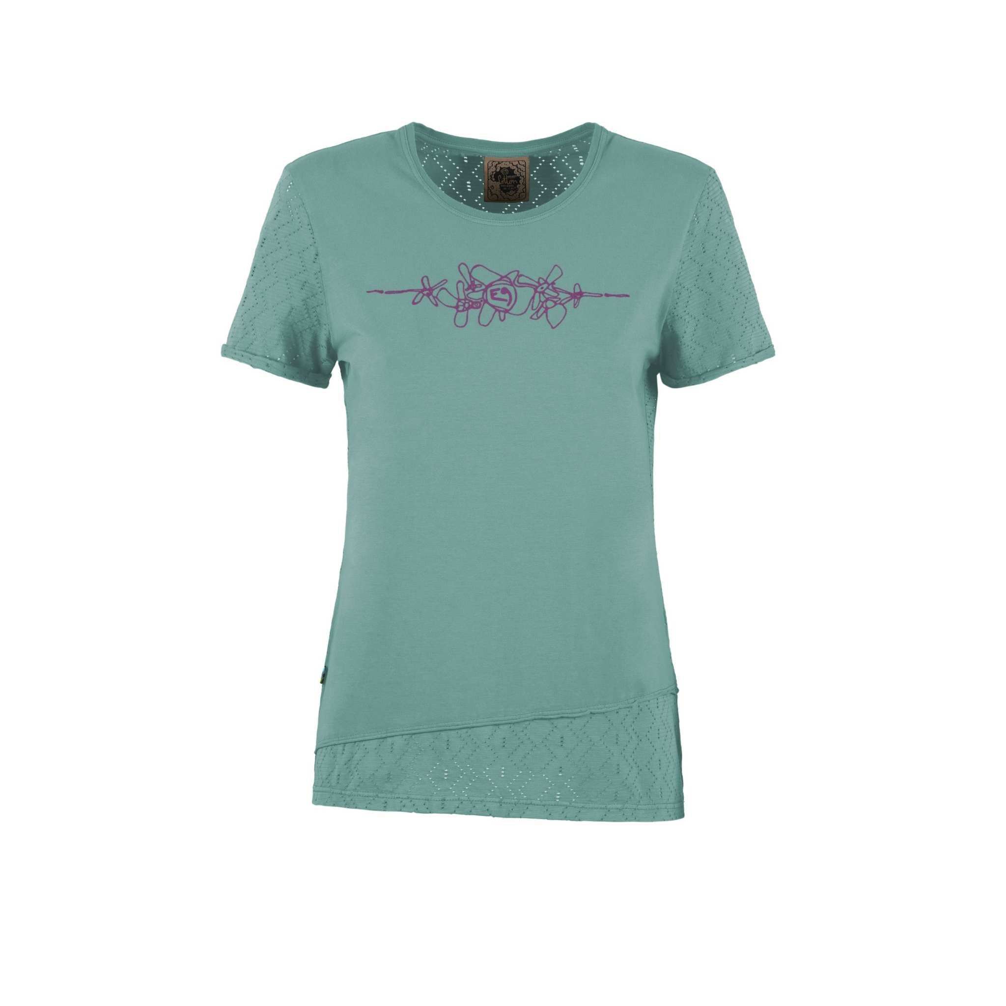 Bonny T-shirt outdoor in cotone biologico bielastico con stampa frontale e vestibilità slim fit, ideale per arrampicata e tempo libero.