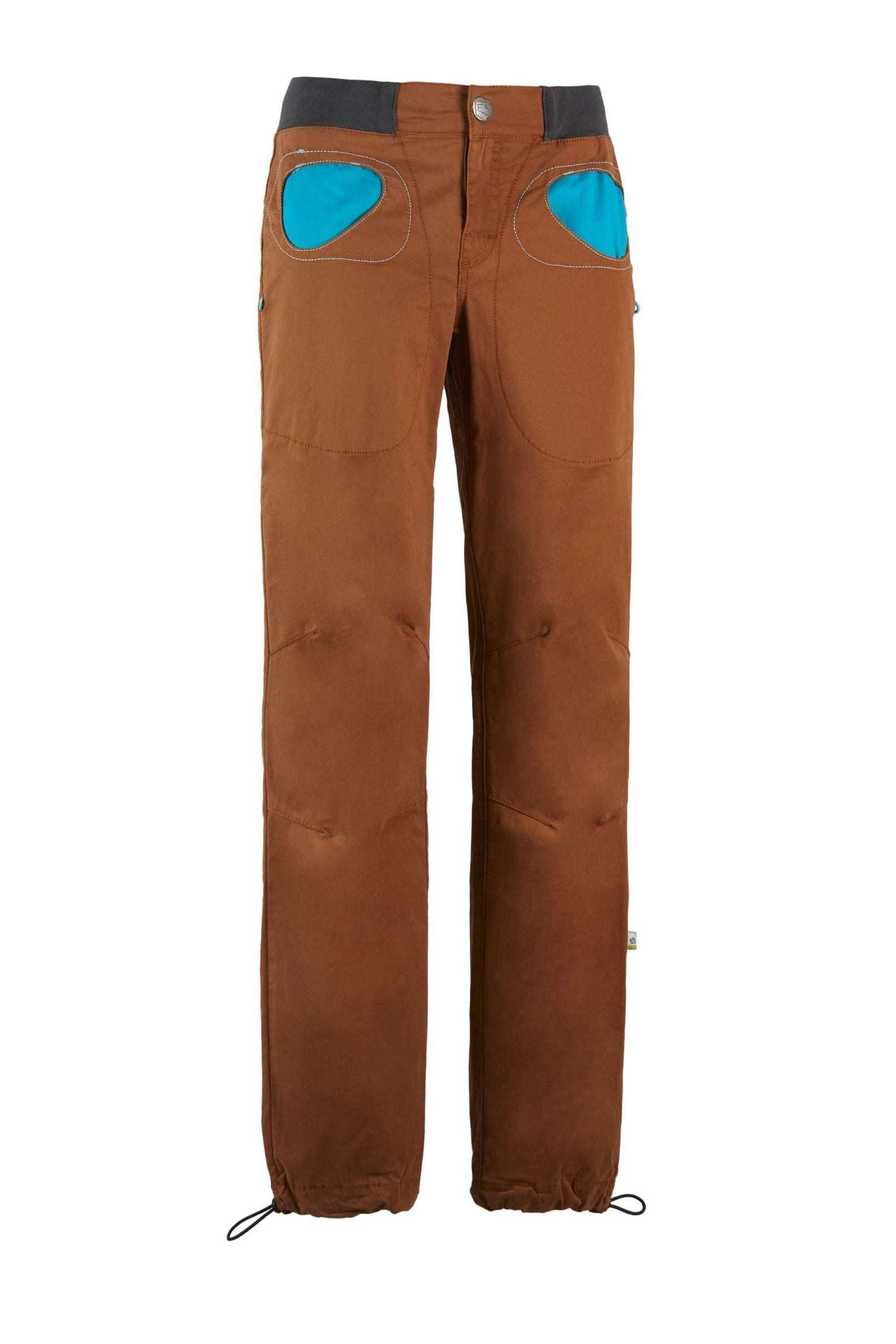 Onda Story pantaloni outdoor elasticizzati in cotone biologico slim fit con tasche a contrasto e vita regolabile, ideali per arrampicata e libertà di movimento