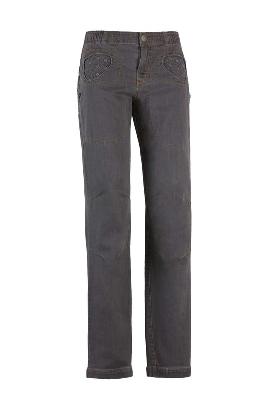 Pantaloni Onda Denim in denim resistente con tasche in pizzo sangallo e vita elasticizzata, comfort slim fit per outdoor e climbing.