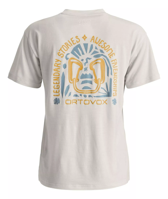 Ortovox 150 Cool Climbing Vibes TS W women's lightweight merino wool climbing t-shirt with breathable, quick-dry fabric and climbing-themed graphic