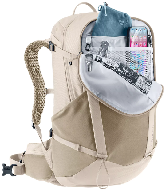 Futura 25 SL ventilated hiking backpack with Aircomfort mesh back, adjustable straps, rain cover, and recycled materials for women