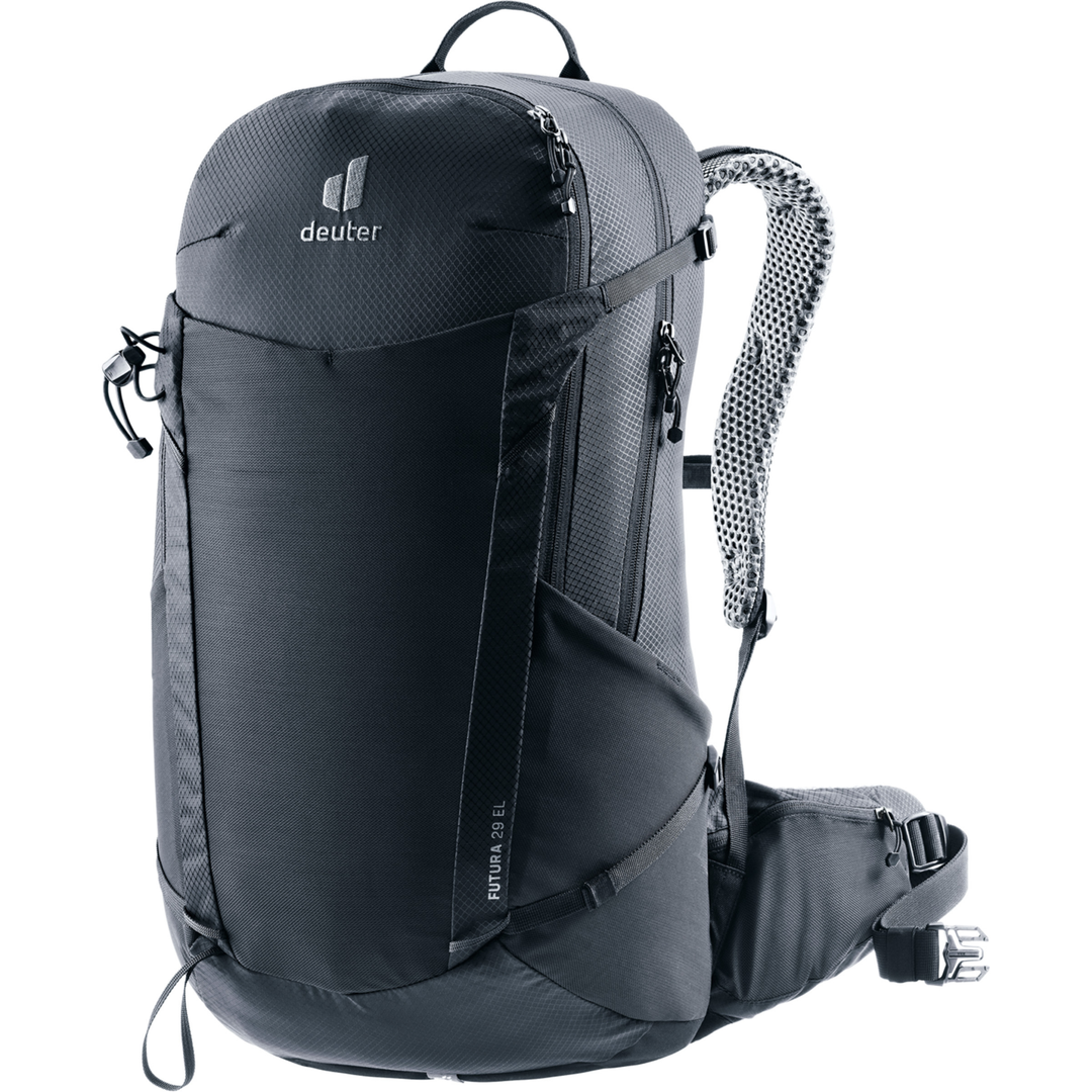 Deuter Futura 29 EL hiking backpack with breathable mesh back, chest straps, rain cover, and multiple compartments for day trips