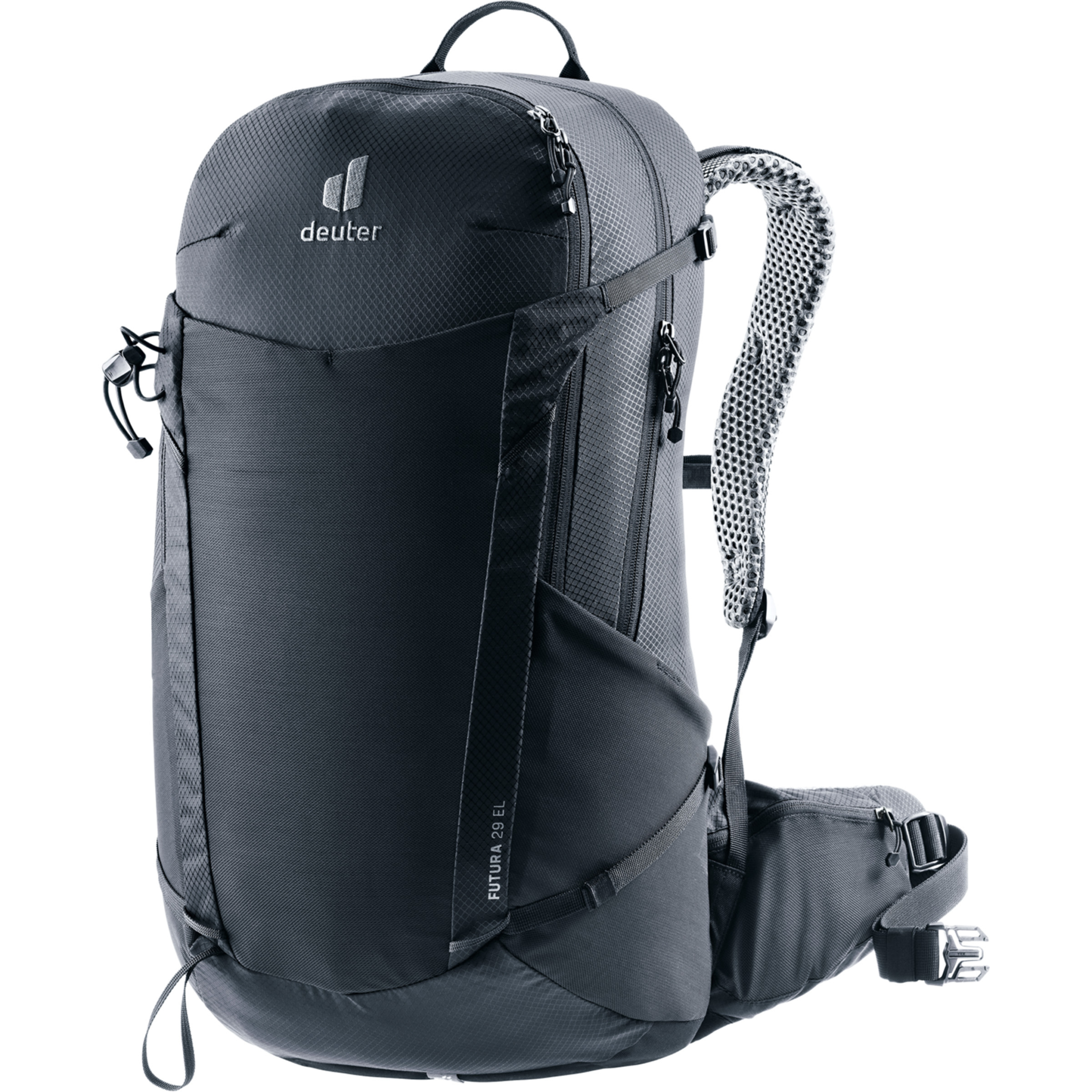Deuter Futura 29 EL hiking backpack with breathable mesh back, chest straps, rain cover, and multiple compartments for day trips