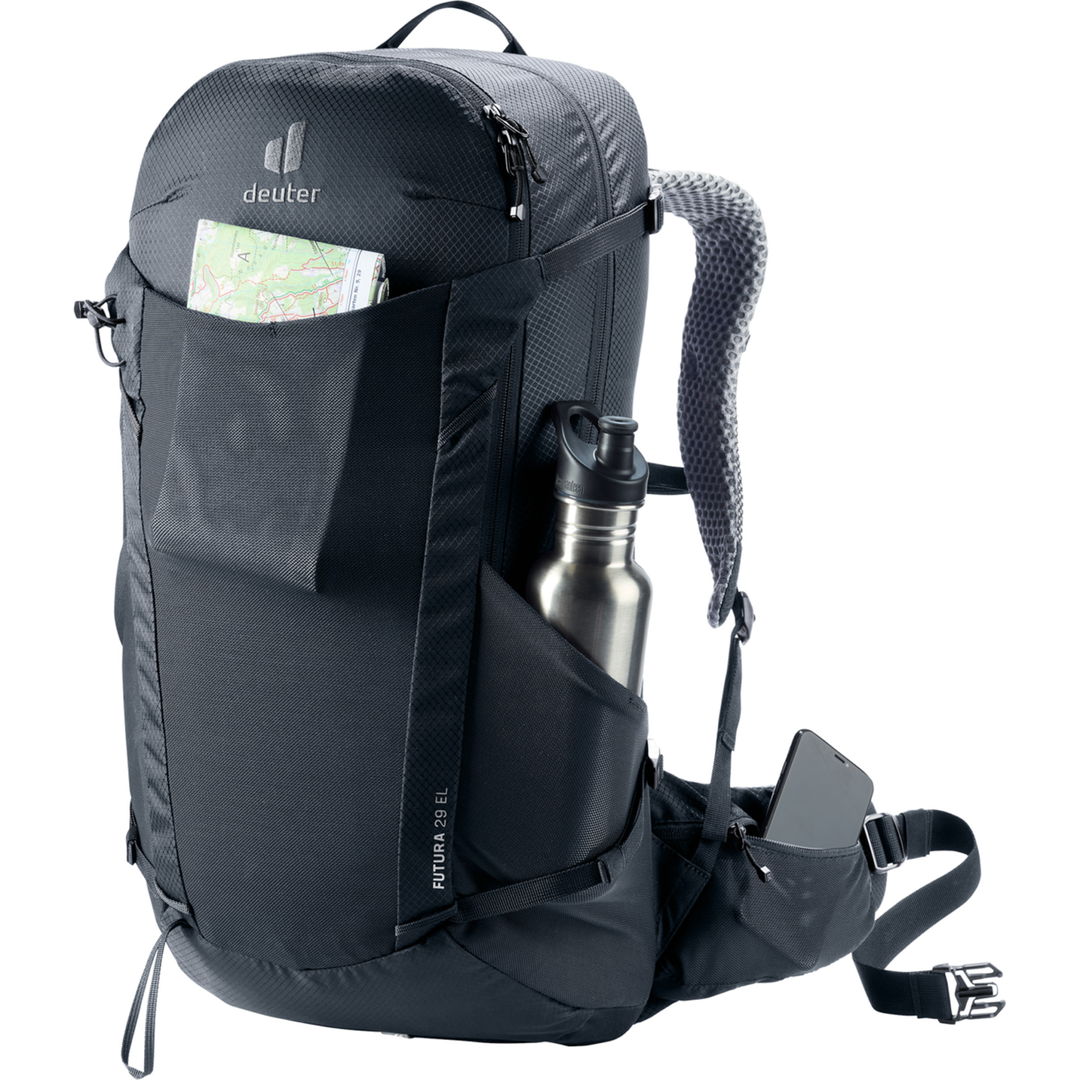 Deuter Futura 29 EL hiking backpack with ventilation, 29L capacity, chest straps, rain cover, and trekking pole holders