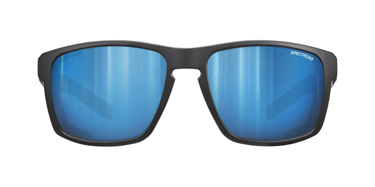 Julbo SHIELD Black/Blue sunglasses with removable side shields and Air Flow ventilation for wide faces and high mountain performance