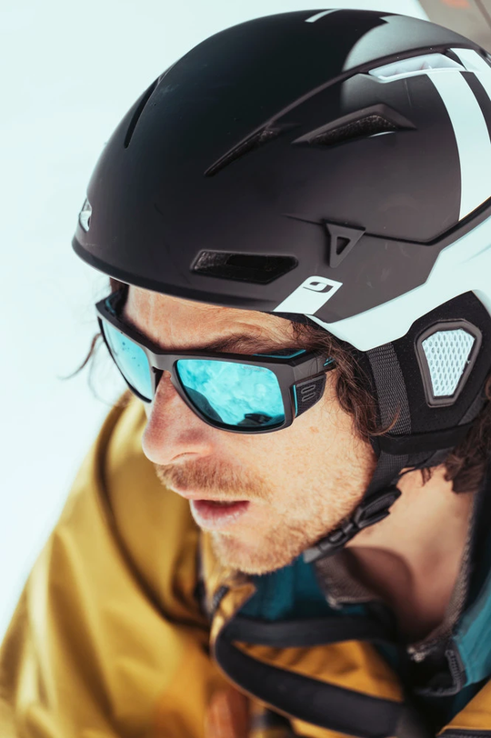 Julbo SHIELD BLACK/BLUW sunglasses with removable side shields and Air Flow ventilation for wide faces and high mountain performance