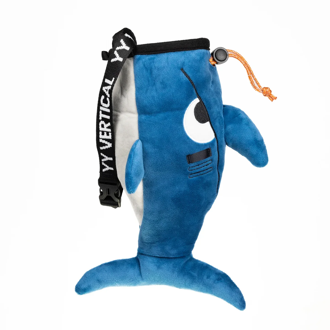 Chalk bag with unique design, wide opening, brush holder, drawstring, and adjustable waist belt for climbing enthusiasts