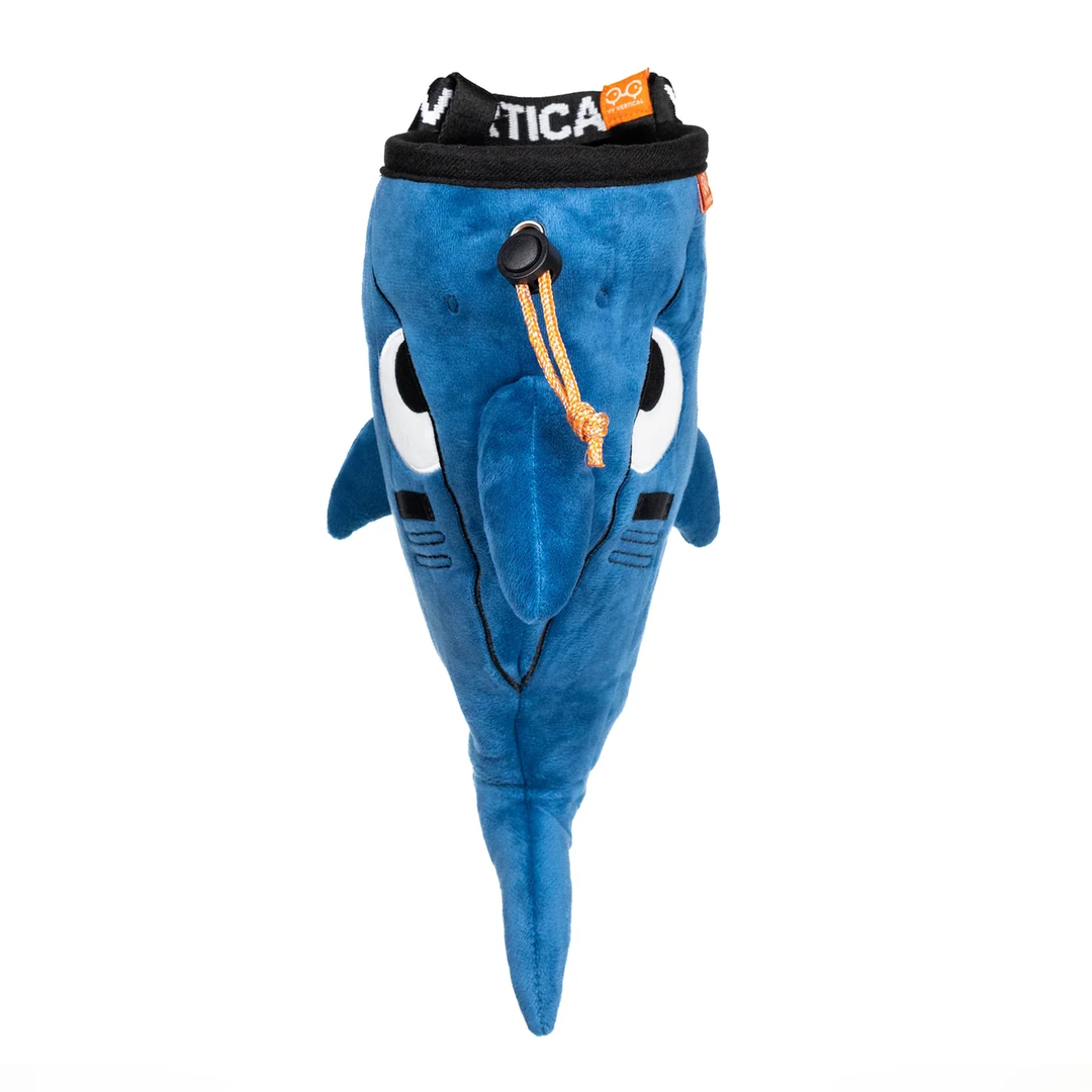 Chalk bag with adjustable waist belt, brush holder, and large opening for climbers and children
