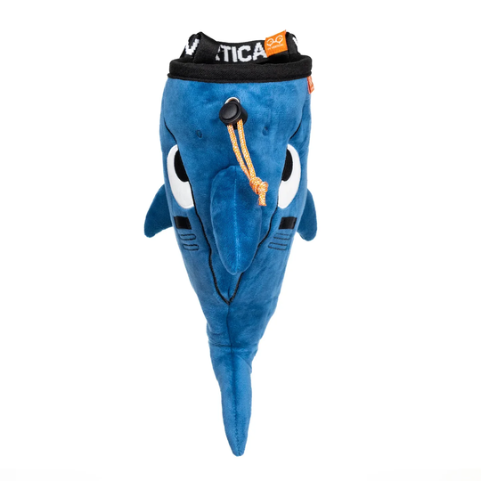 Chalk bag with adjustable waist belt, brush holder, and large opening for climbers and children