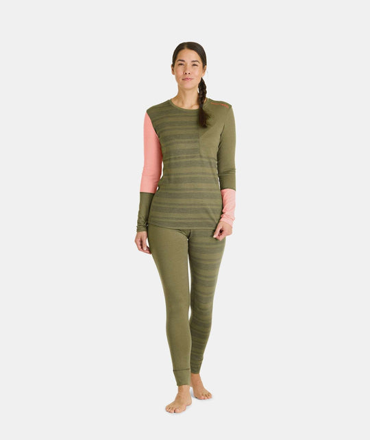 Women's 185 Rock'N'Wool Long Sleeve, merino wool, green with pink accents, designed for winter activities.
