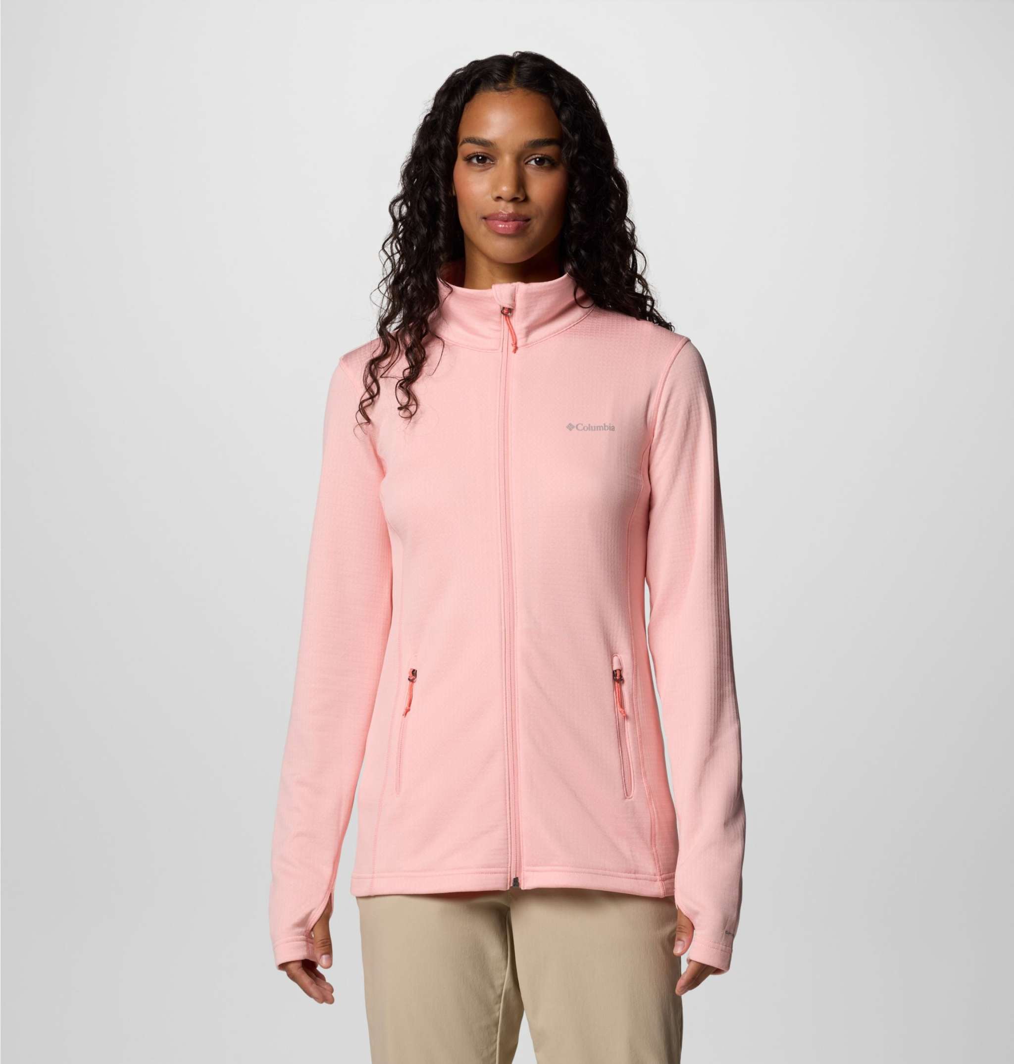 Women's W Park View™ Grid Fleece Full Zip jacket with thumbholes and chin guard for hiking