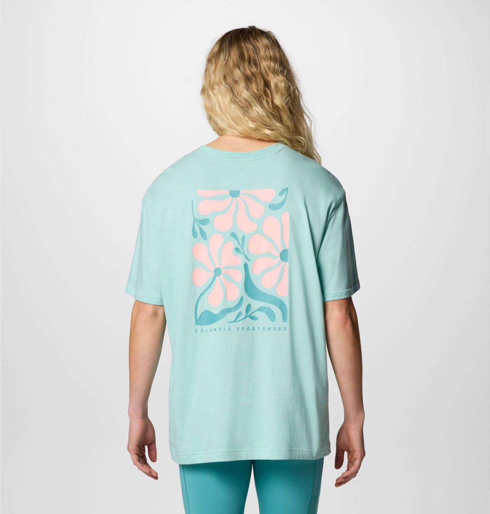 Women's Rolling Bend graphic oversized tee in organic cotton with ribbed collar, casual style