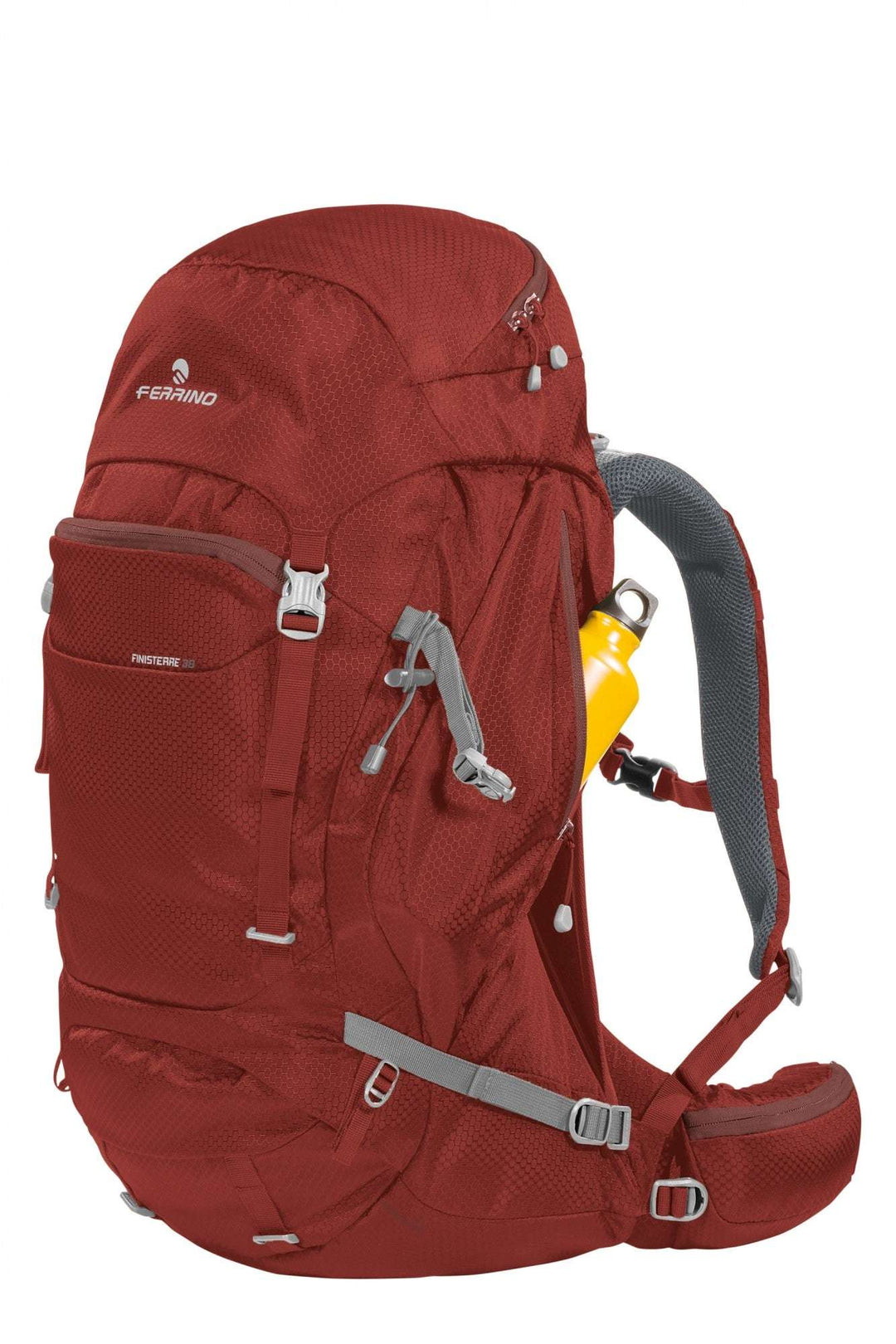 Red Zaino Finisterre 38 hiking backpack with multiple pockets and ergonomic design.