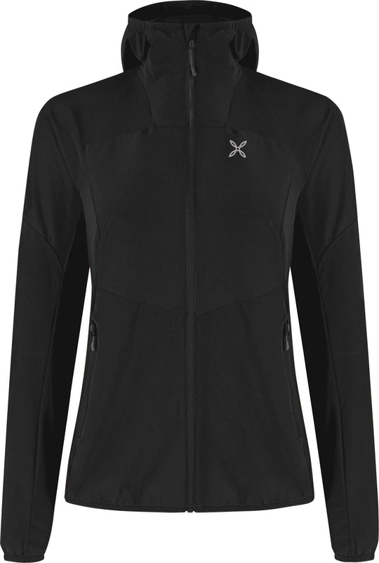Woman's black Rise Hooded Jacket, breathable, lightweight, and weather-resistant for hiking.