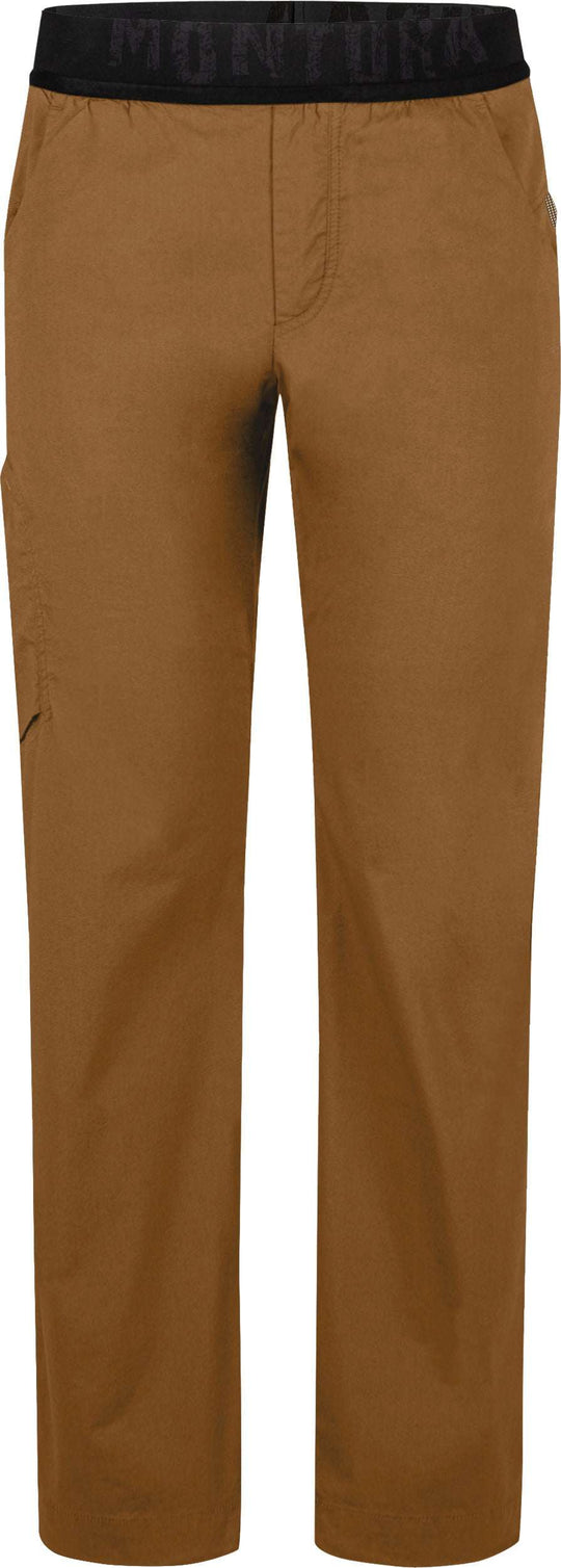 Guna Pants, men's climbing pants in stretch cotton, poplin fabric, adjustable waistband, versatile pockets, brown.