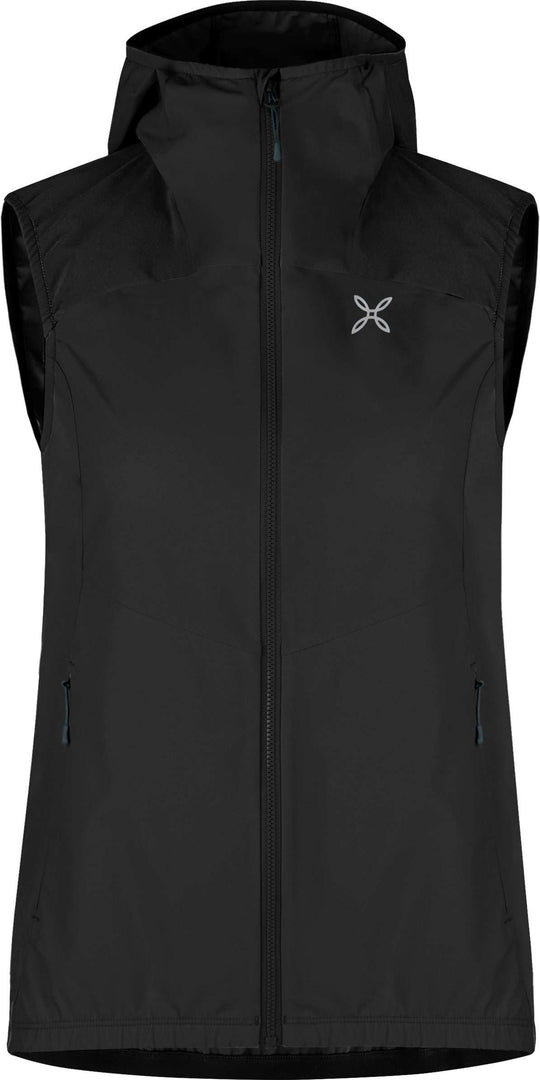 Women's breathable Rise Hooded Vest for hiking, lightweight with windproof nylon, DWR treatment, UPF 50+, elasticized hood and hem, zip pockets.