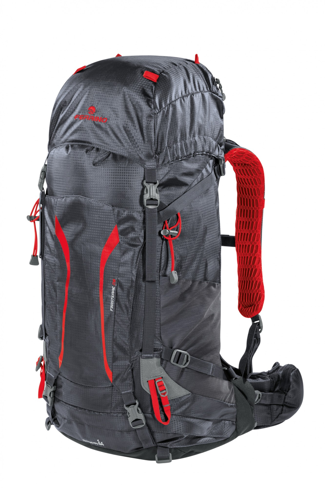 Zaino Finisterre 28 backpack, hiking icon by Ferrino, featuring multiple pockets, front access, and Dry Net System for comfort and aeration.