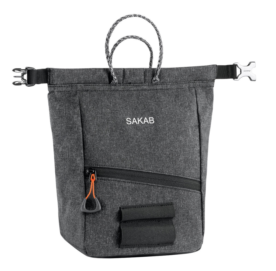 SAKAB black chalk bag, semi-rigid, with magnetic closure and multiple pockets.