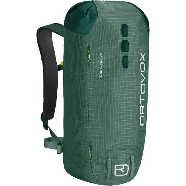 Lightweight, minimalist Trad Zero 24 backpack for alpine climbing, green color, with chest strap, gear loop, and hydration system compatibility.