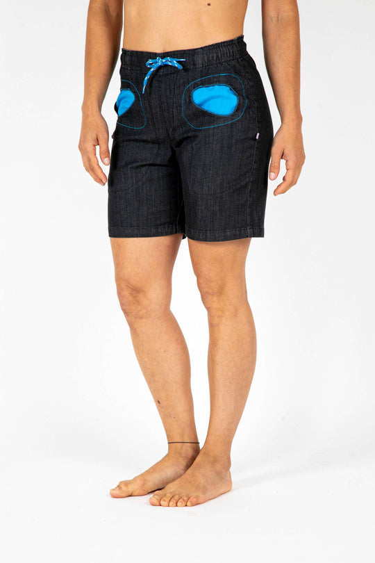 Onda Short Denim outdoor climbing shorts with adjustable belt and blue contrast details.