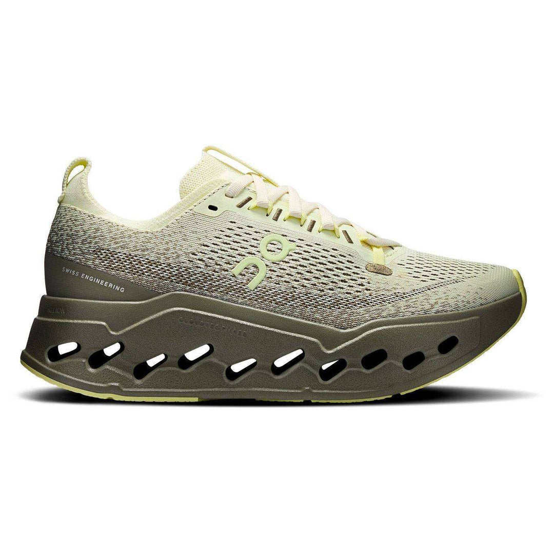 Cloudsurfer Max W running shoe with double CloudTec Phase™ cushioning, Helion™ foam, lightweight mesh upper, and durable rubber sole in red and gold accents