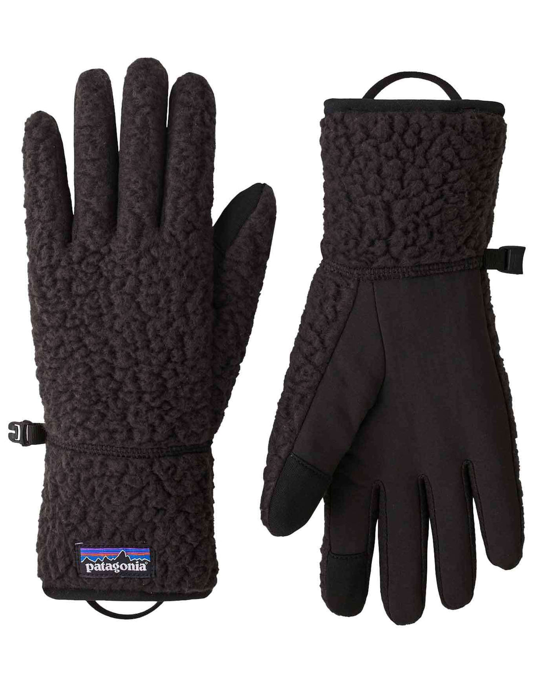 Patagonia Retro Pile Gloves: guanti neri, vista del dorso e del palmo
