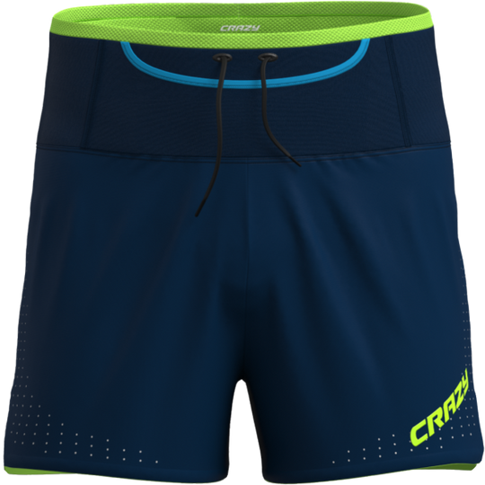 Ultra-lightweight performance shorts for vertical racing, quick-dry fabric with laser-cut ventilation, integrated Graphene microfiber liner, multiple pockets including zip pocket, ideal for mountain running.