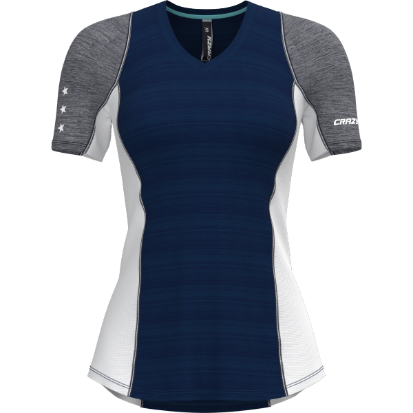 Shirt Ionic hiking t-shirt, blue and gray, with V-neck and contrast stitching.