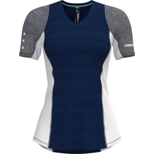Shirt Ionic hiking t-shirt, blue and gray, with V-neck and contrast stitching.