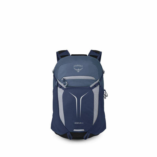 Zaino giornaliero blu navy e grigio in nylon, con tasca frontale elasticizzata, cerniera e spallacci imbottiti.