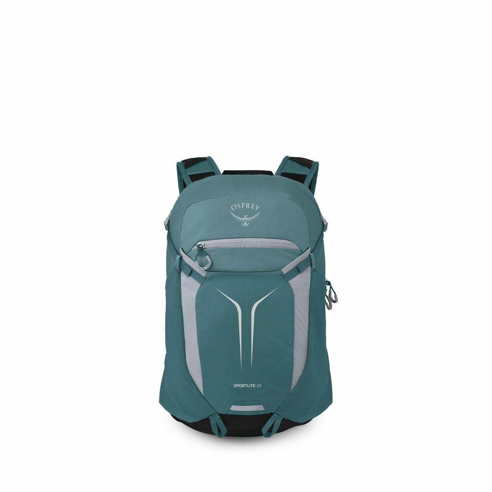 Zaino giornaliero verde petrolio in nylon riciclato, con pannello frontale grigio chiaro, tasca con cerniera e cinghie di compressione.