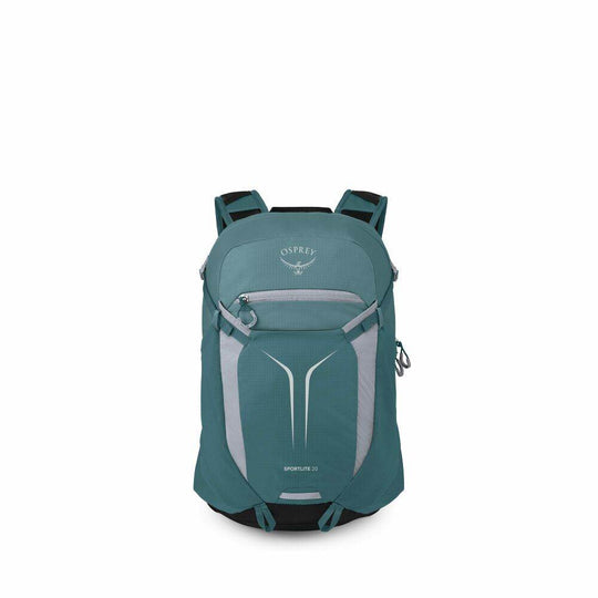 Zaino giornaliero verde petrolio in nylon riciclato, con pannello frontale grigio chiaro, tasca con cerniera e cinghie di compressione.