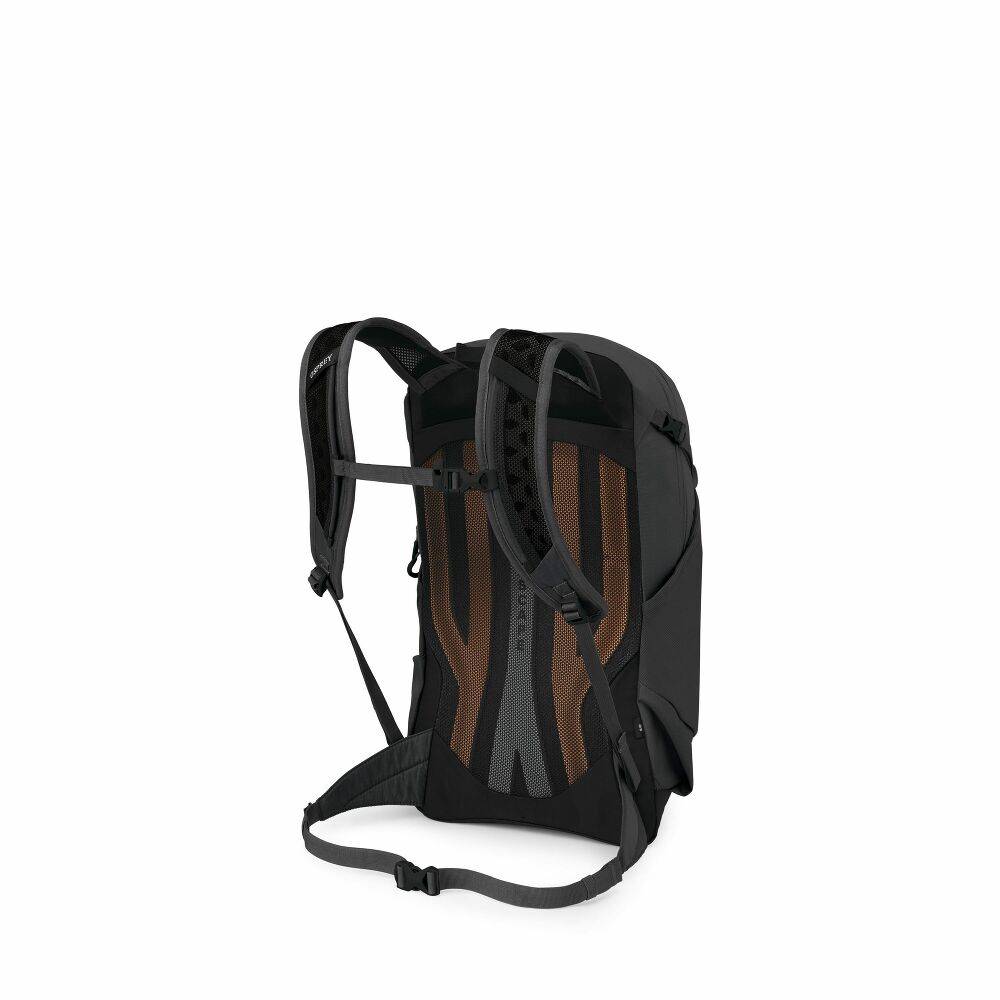Zaino giornaliero nero in nylon, con schienale ventilato a pannelli marroni, spallacci imbottiti e cinghia sternale regolabile.