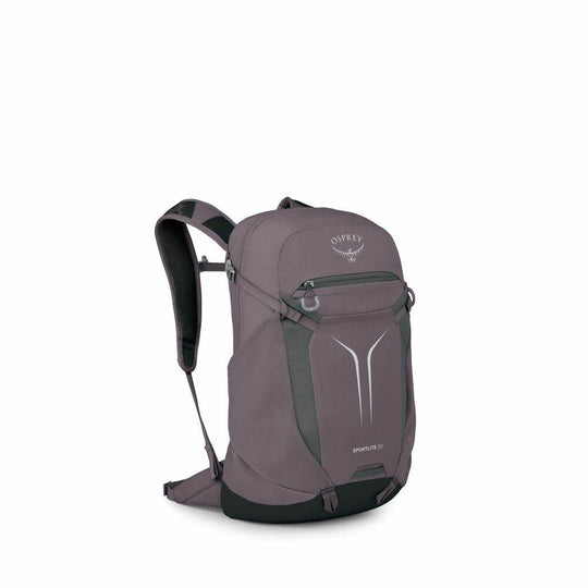 Zaino giornaliero Sportlite 20 grigio malva in nylon, con tasca frontale elasticizzata, dettagli scuri e cinghie regolabili.