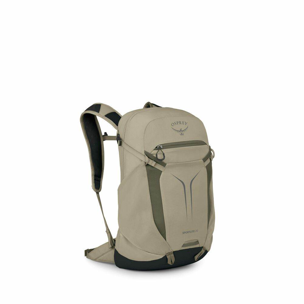 Zaino giornaliero color sabbia in nylon, con inserti verde scuro, tasca frontale elasticizzata e cerniera superiore.