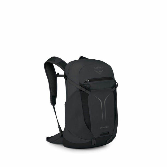 Zaino giornaliero nero in nylon, dal design minimalista con tasca frontale elasticizzata, cerniere e spallacci imbottiti.
