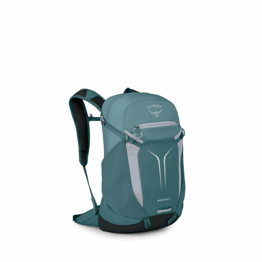 Zaino giornaliero verde petrolio in nylon riciclato, con tasca frontale elasticizzata, dettagli grigio chiaro e spallacci imbottiti.