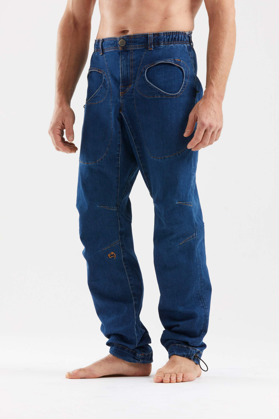 Rondo Denim2.3 pants designed for outdoor activities and climbing, featuring adjustable waist and hem, back patch, embroidered logo, and iconic pocket shape.
