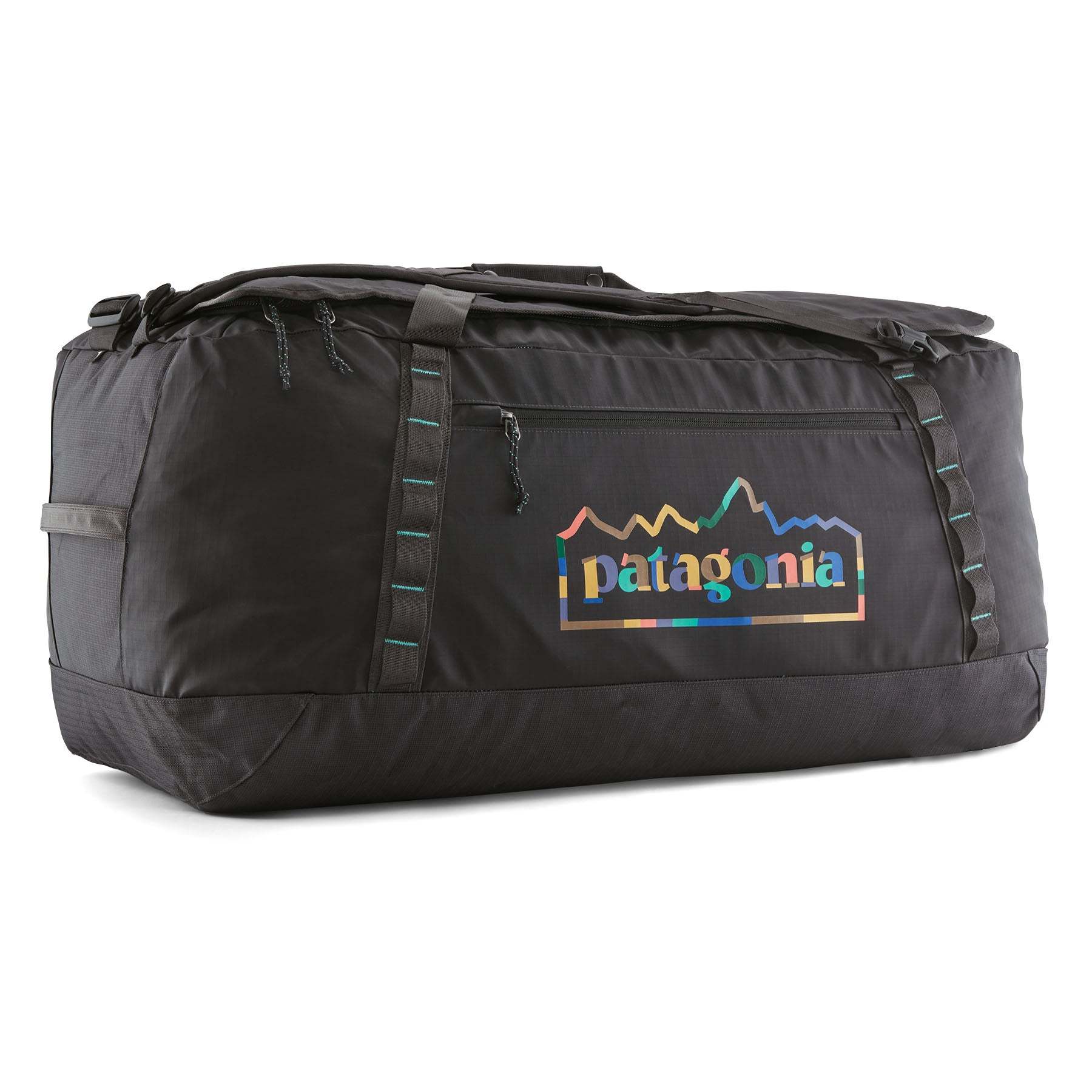 Black Hole Duffel 100L in black, durable water-repellent recycled fabric with ergonomic straps, 100-liter capacity.