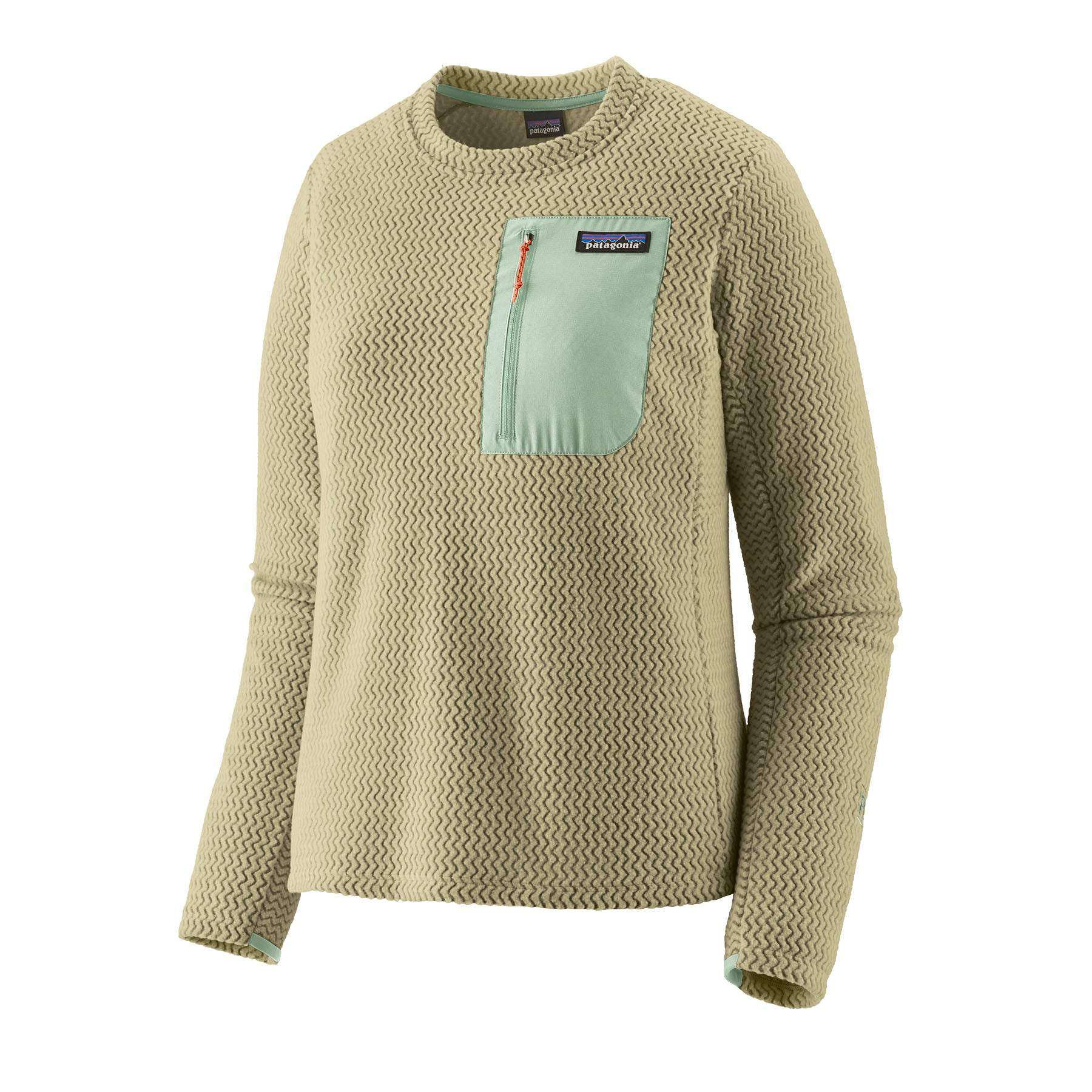 Lightweight breathable R1 Air Crew fleece made from 100% recycled polyester with chest zip pocket and shoulder seam design for comfort.