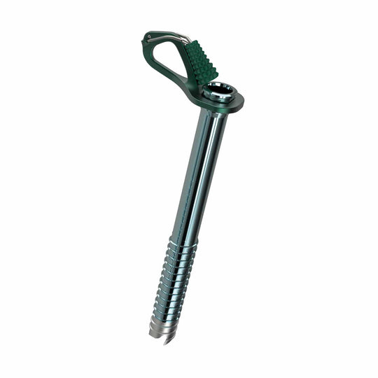 Aero Lite ice screw with 3-tooth steel tip and aluminum body.