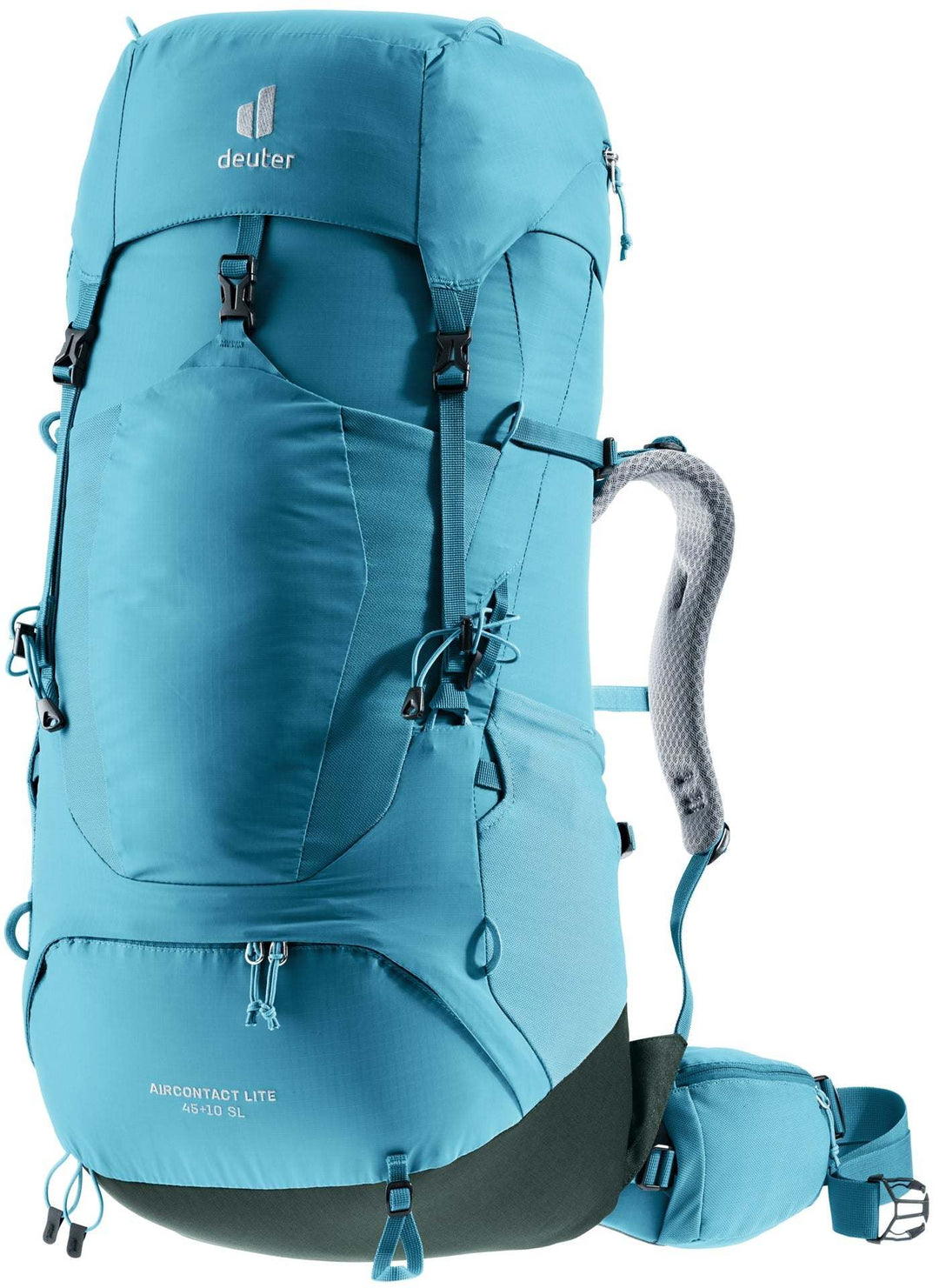 Lightweight Aircontact Lite 45 + 10 SL trekking backpack with Aircomfort system, VariQuick back length adjustment, and ergonomic shoulder straps.