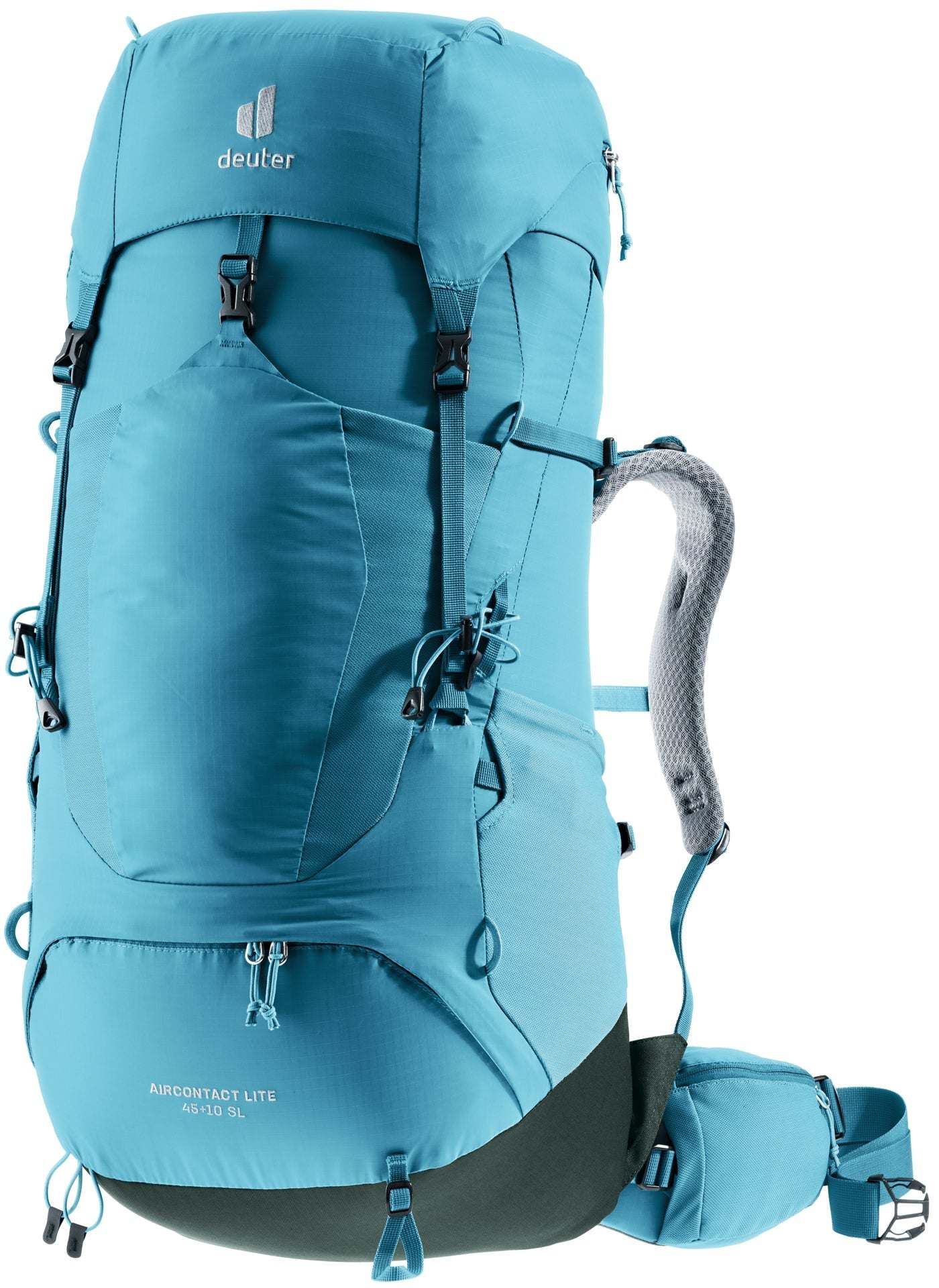 Lightweight Aircontact Lite 45 + 10 SL trekking backpack with Aircomfort system, VariQuick back length adjustment, and ergonomic shoulder straps.