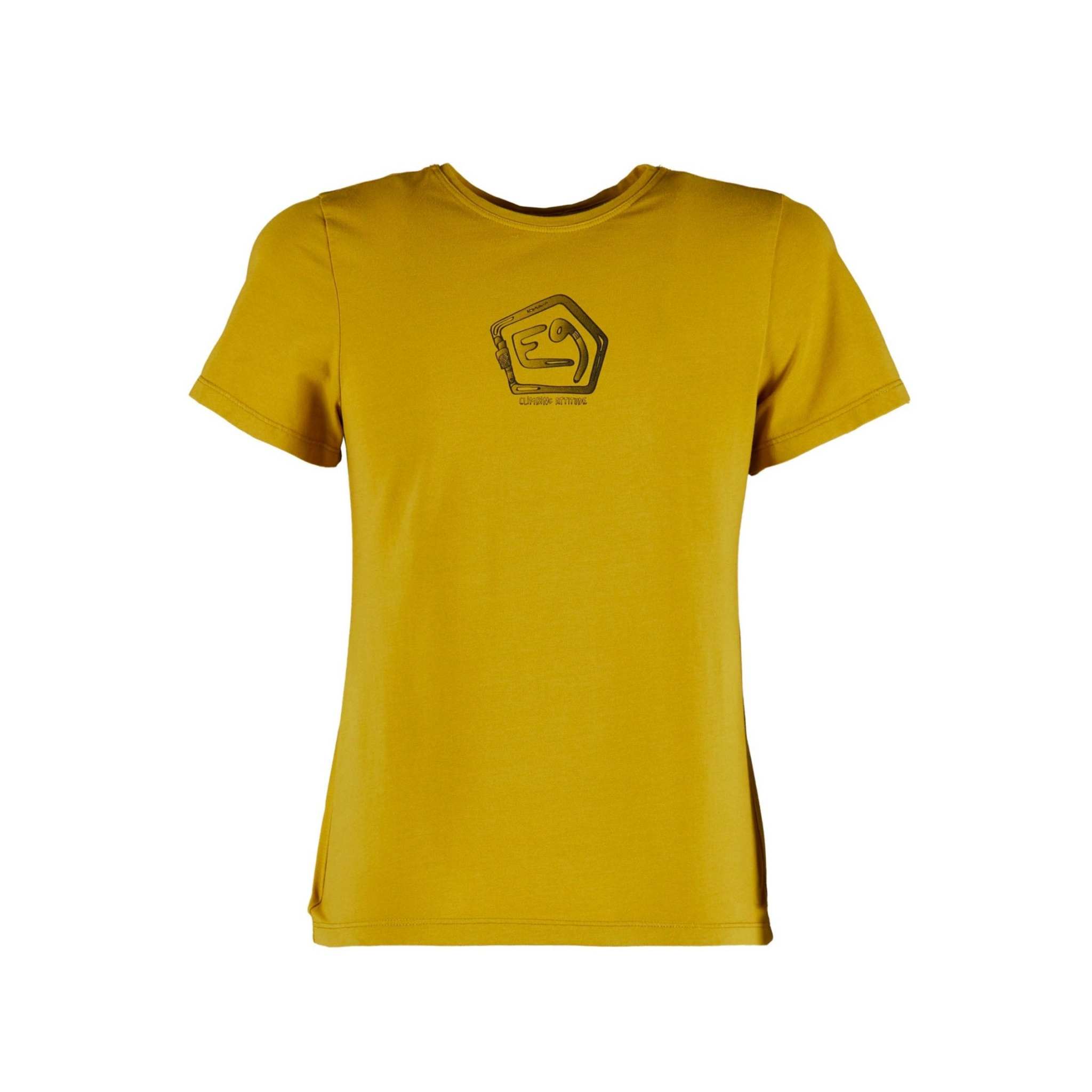 Yellow organic cotton T-shirt with front print, regular fit, outdoor climbing style, made in Italy.